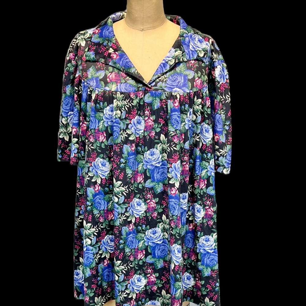 VINTAGE‎ dark moody rose floral top short sleeve collar neckline plus size 80e